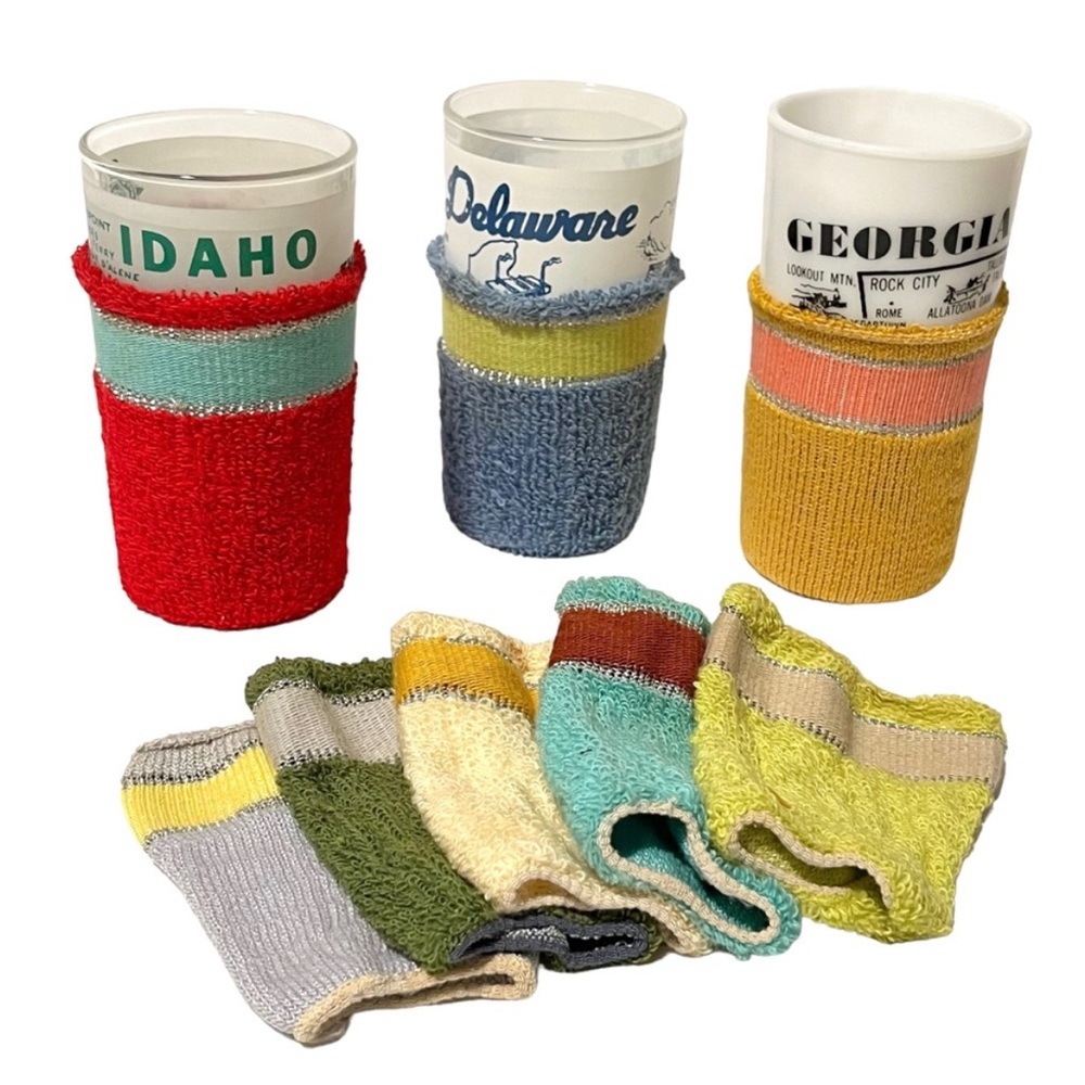 Vintage 1960s Mid Century Set of 8 Terrycloth Cola-Jacs Hi-Jac Cup Cozy